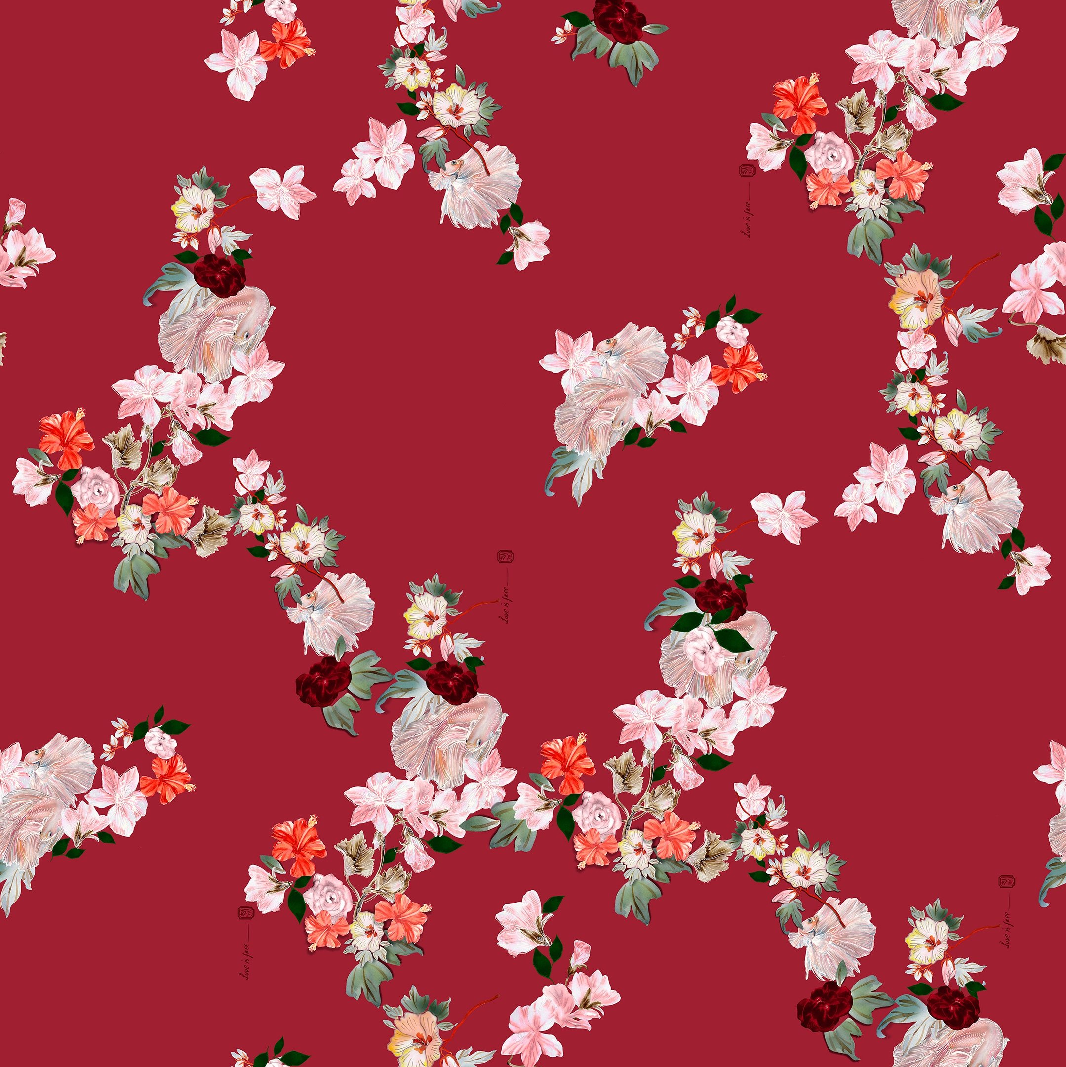 Estampa floral oriental com peixes, flores e folhas, desenvolvida com exclusividade e pintada a mão