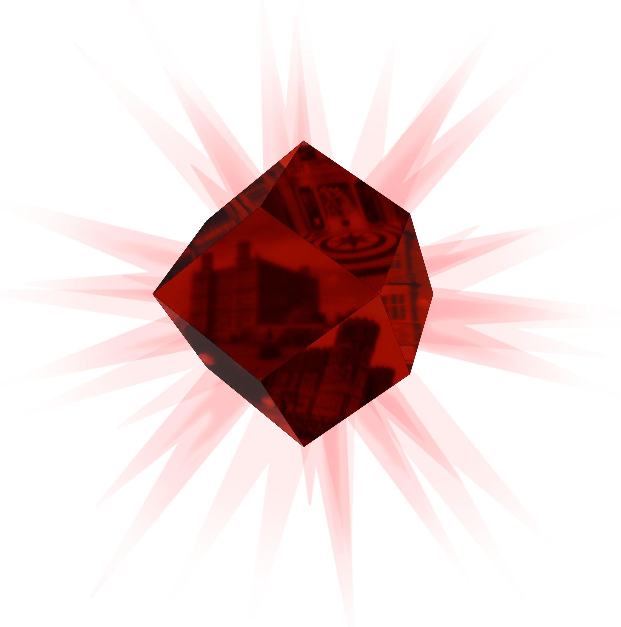 A red rhombic dodecahedron resembling a garnet crystal and reflecting images of country houses