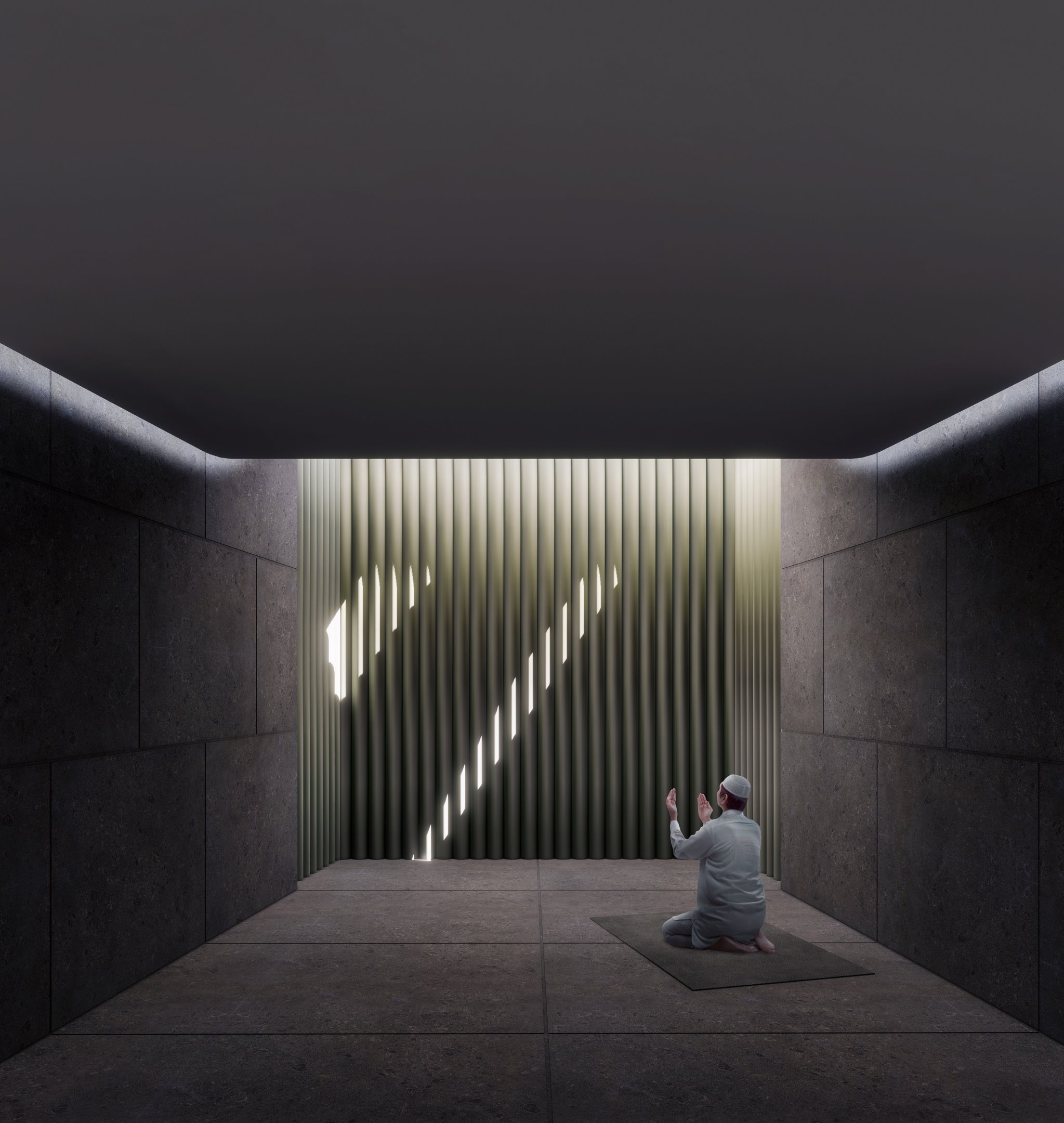 A man praying in a solemn space