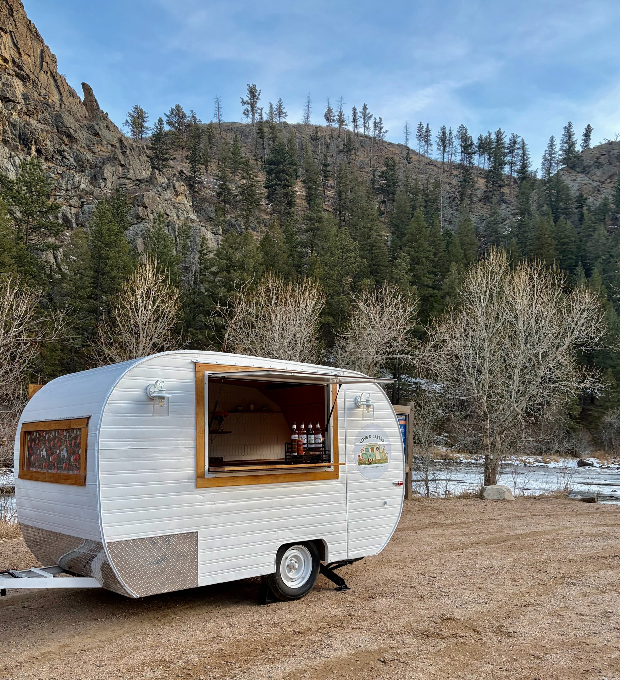Love & Lattes vintage coffee trailer with full espresso bar setup