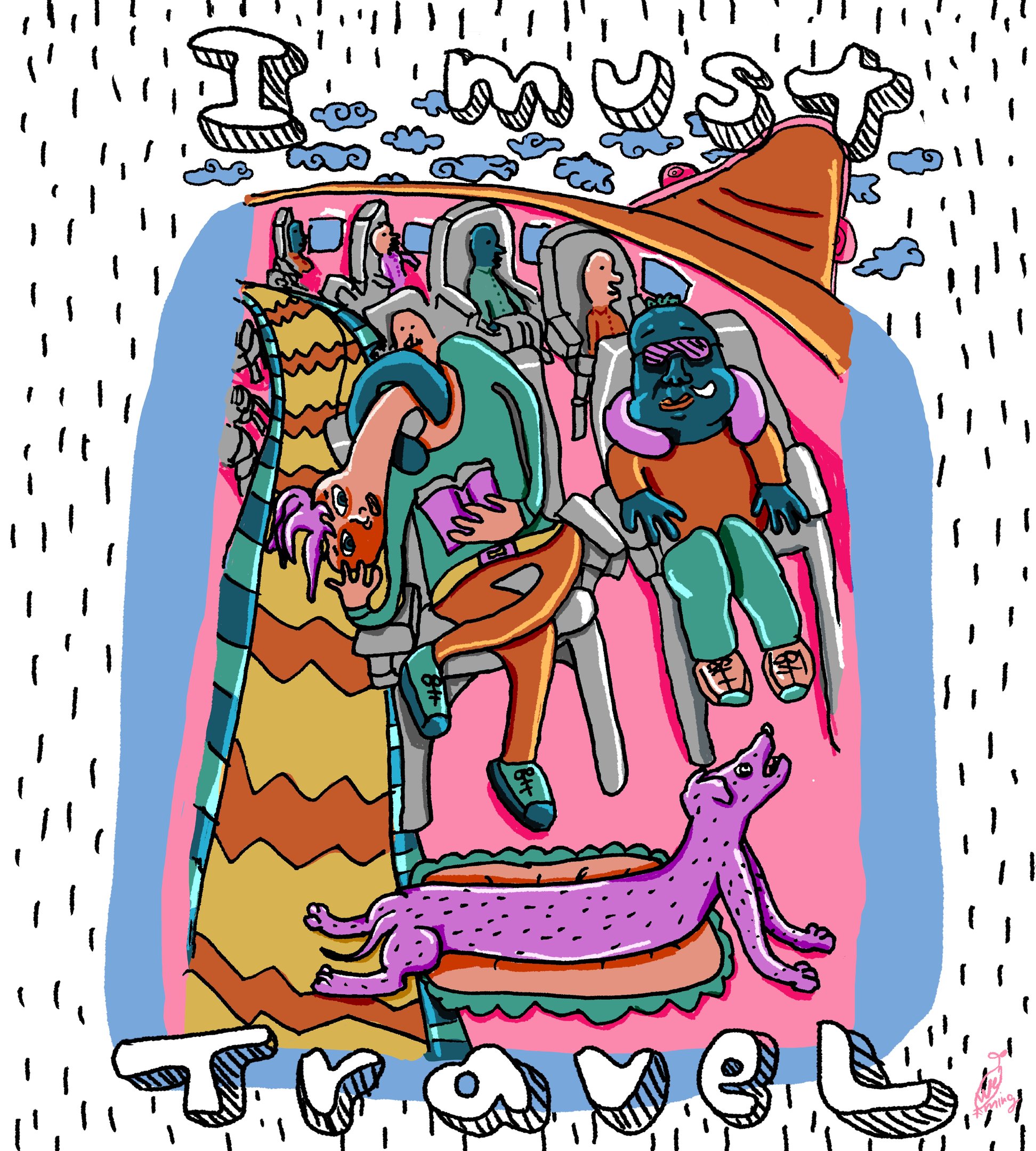 廢材Fade Chai所創作的插畫，我喜歡旅行，搭著飛機，在雲端享受閱讀，或坐在位置上睡覺，前面還有一隻紫色的狗，也參與這次旅行