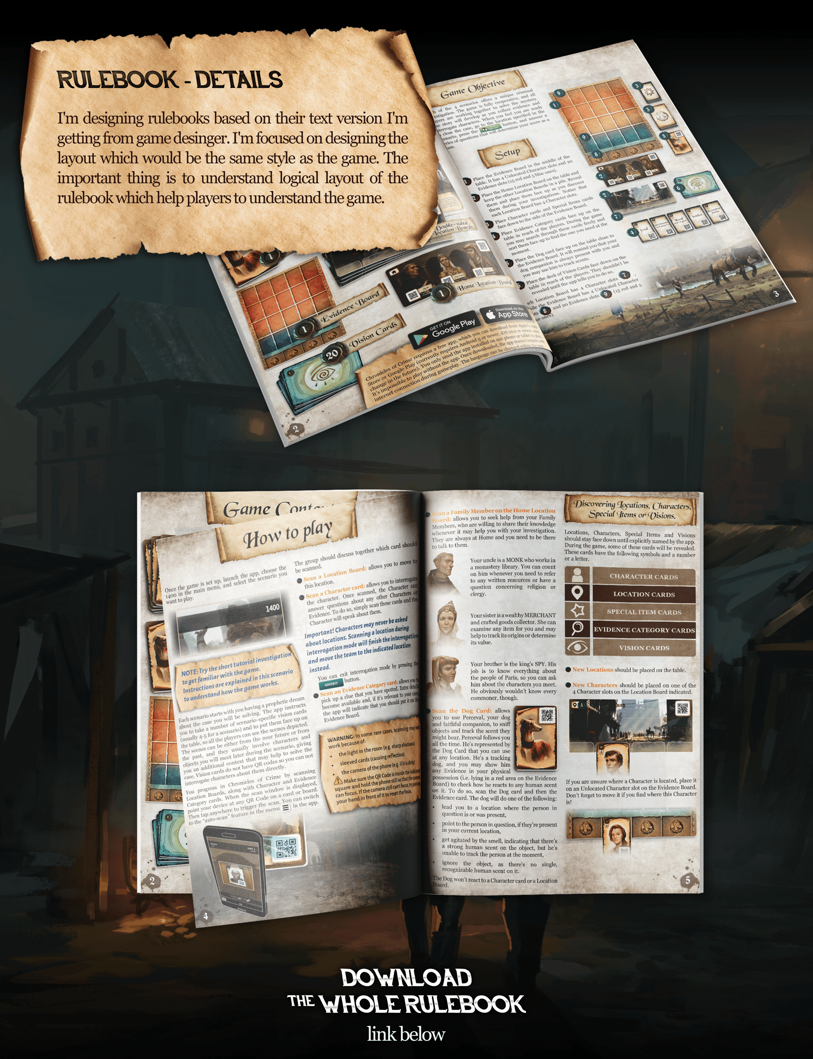 Details of rulebook graphic design I did for the game.