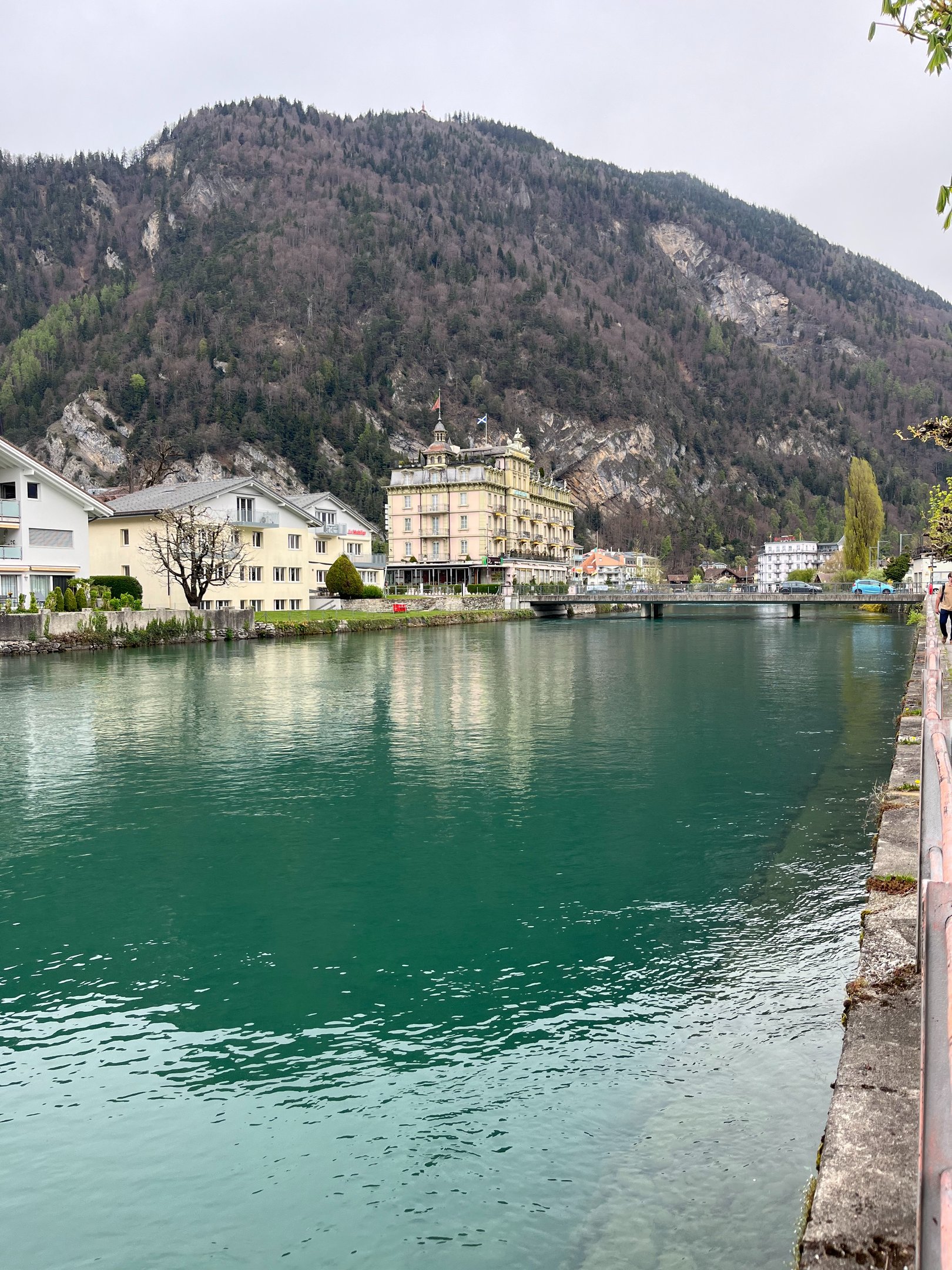 View looking up the Aare river into Interlaken Switzerland.
