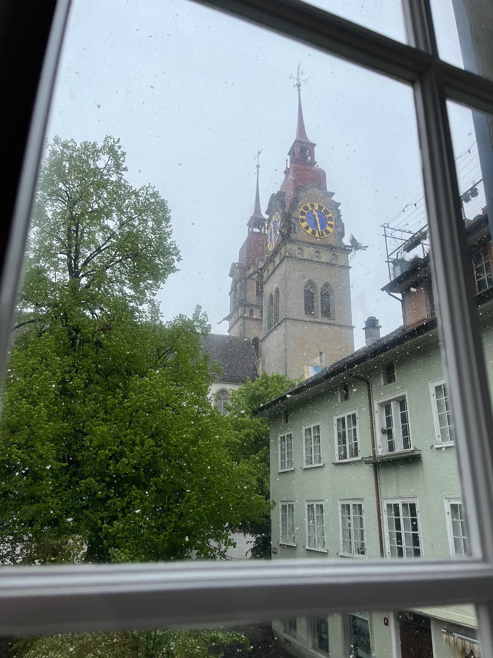 Looking out at the bell towers of the Winterthur Stadtkirche
