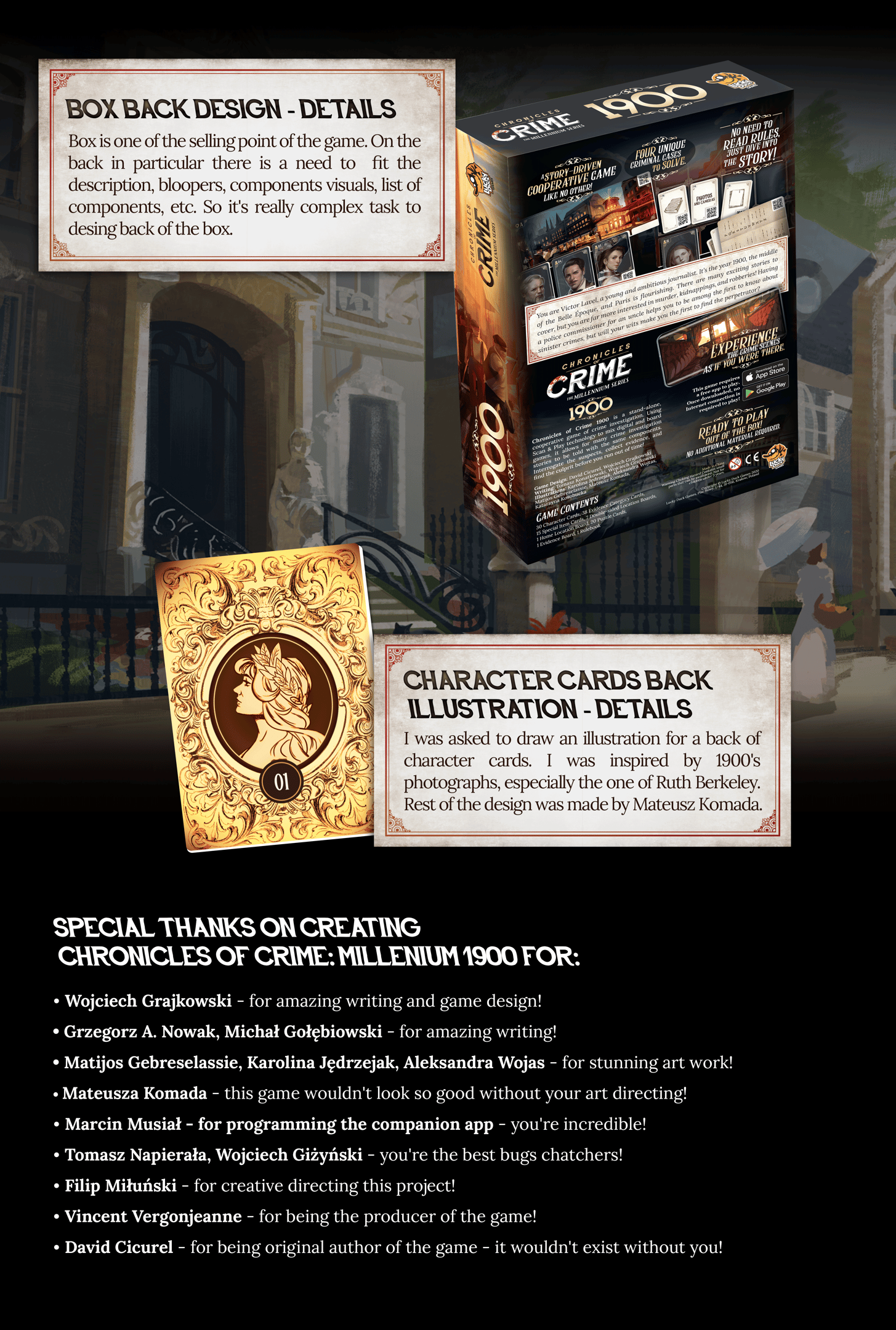 Back of the box design. I drawn character cards back illustration
