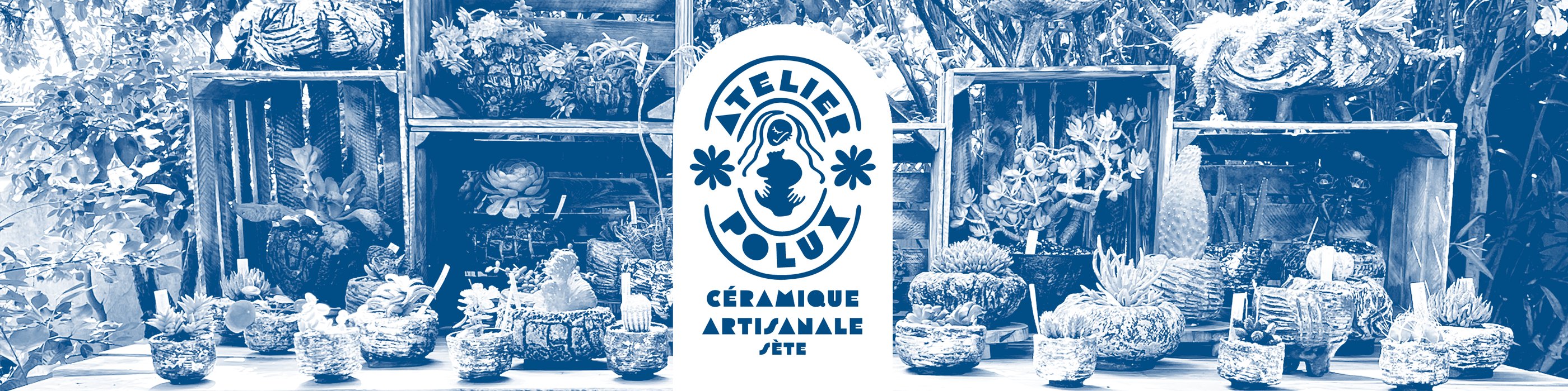 A display of ceramic kusamono and caudex pots with Atelier Polux logo in the middle