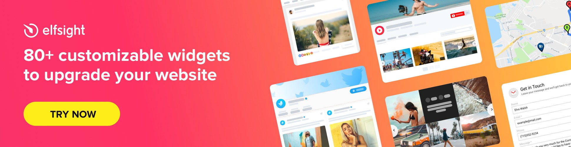 Elfsight banner displaying customizable website widgets for social feeds, maps, and forms.