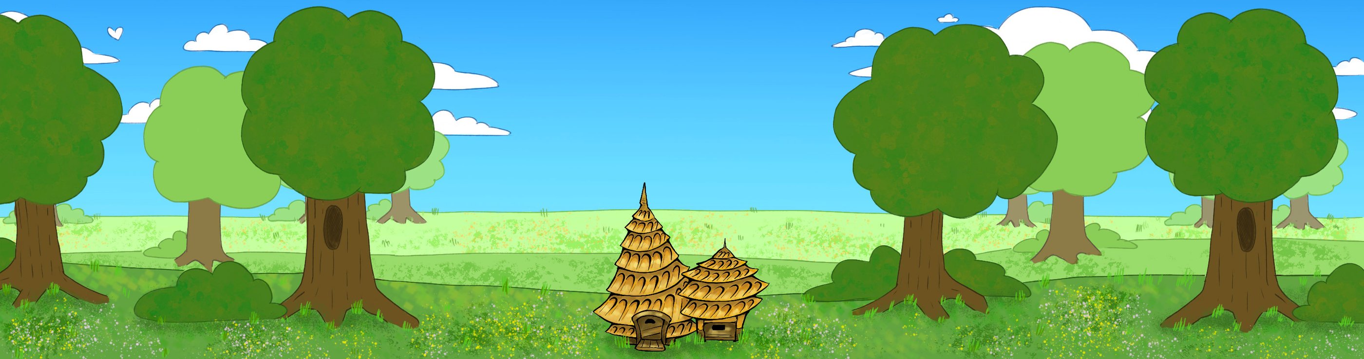 Cover image for bee the defender, cartoon trees, blue sky, wildflowers and a small bee hive