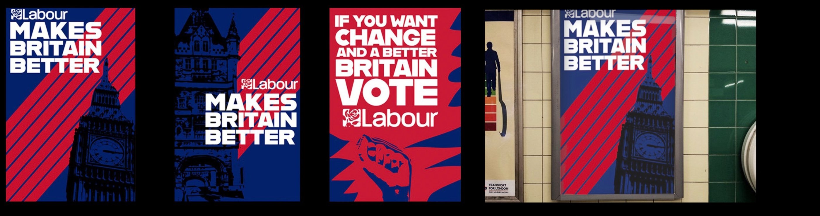 a group of banners with a clock tower in the background