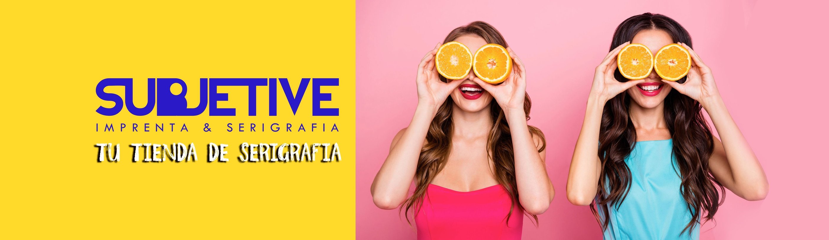 Logo de Subjetive y al lado una imagen de dos chicas felices y sonrientes con naranjas en los ojos.
