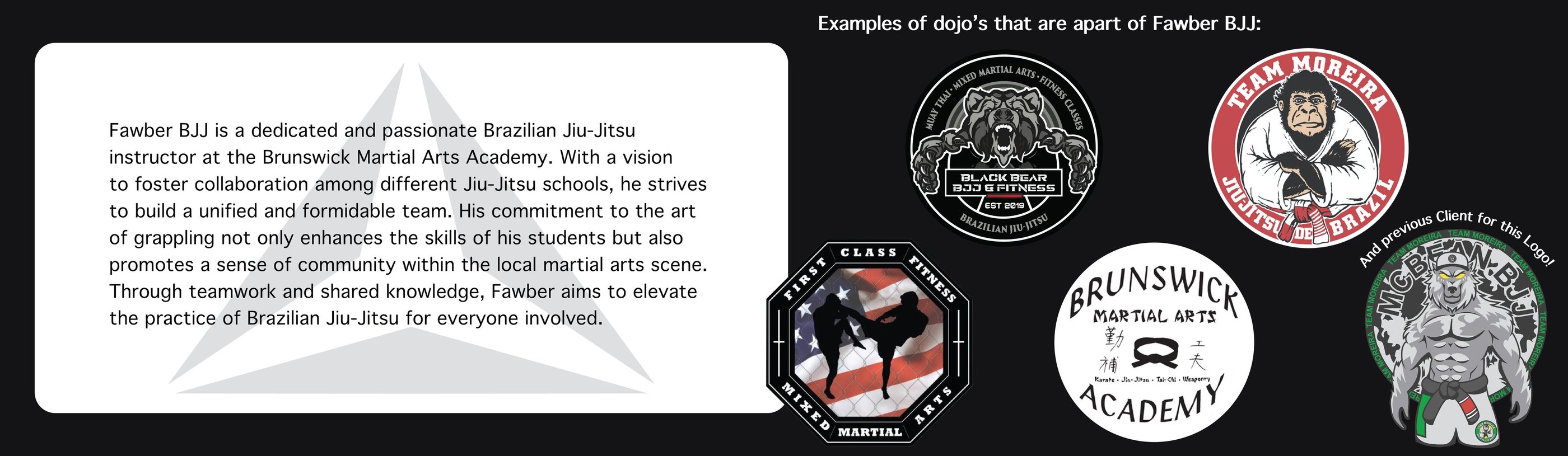 Logos of Brazilian Jiu-Jitsu and martial arts dojos affiliated with Fawber BJJ and Brunswick Martial Arts Academy.