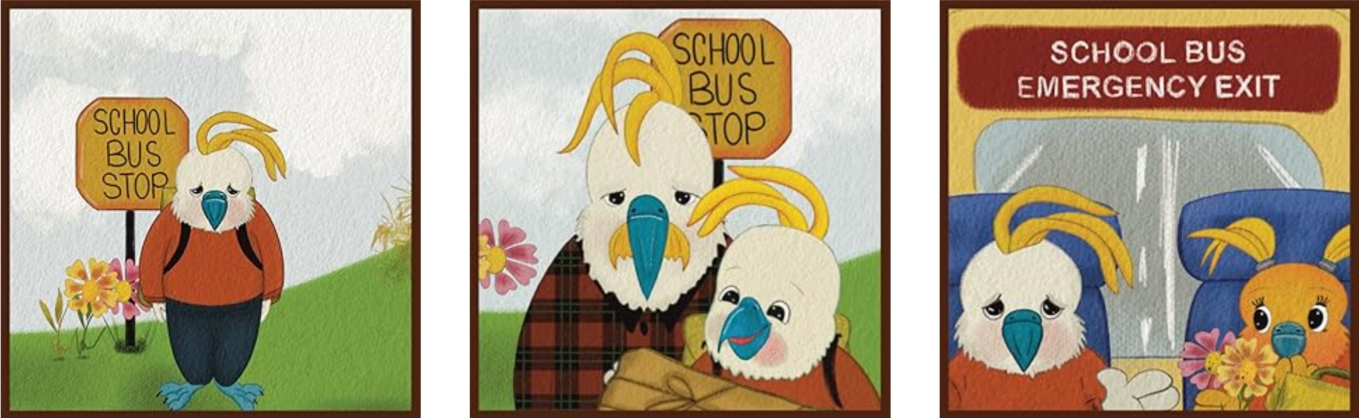 brad at school bus stop and in the school bus