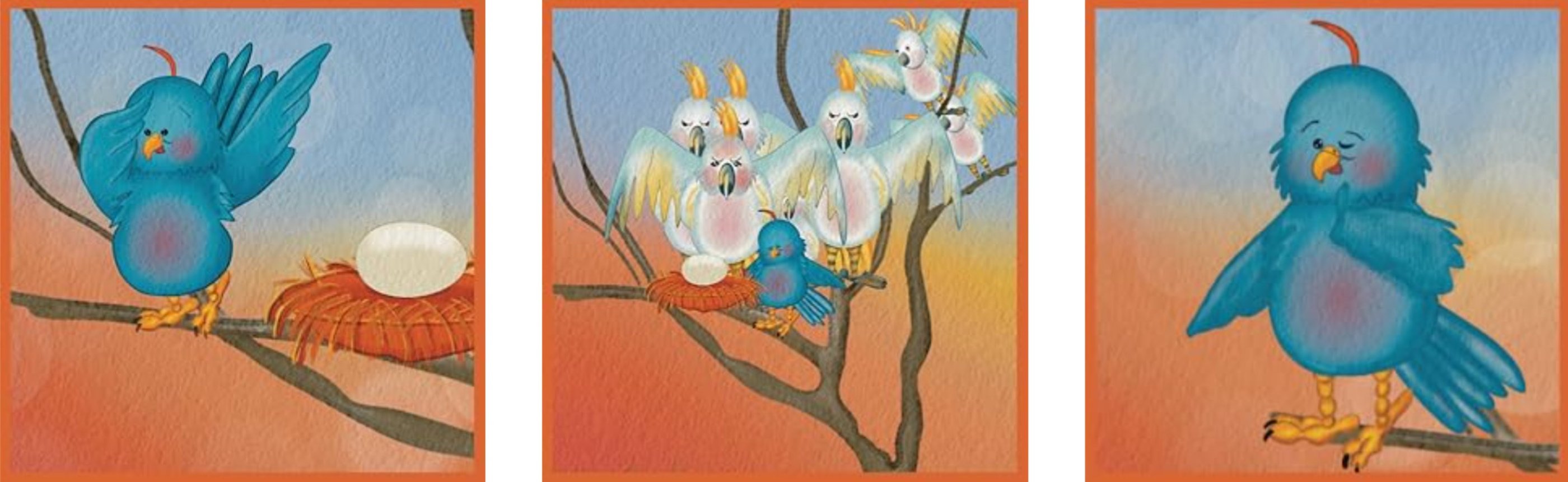 a series of three artwork by artist Estella of birds in a nest