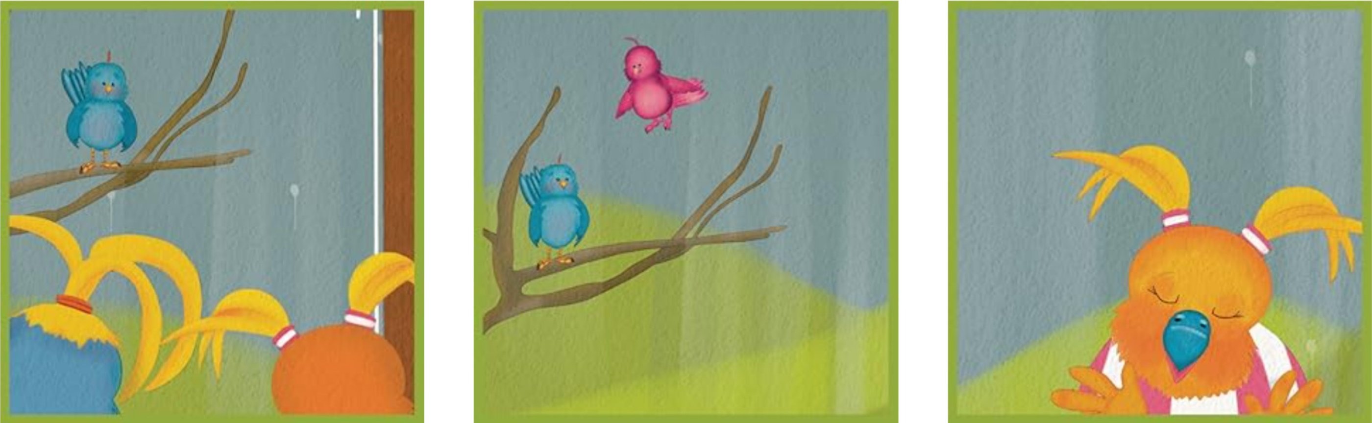 a series of three illustrations of a birds on a tree branch