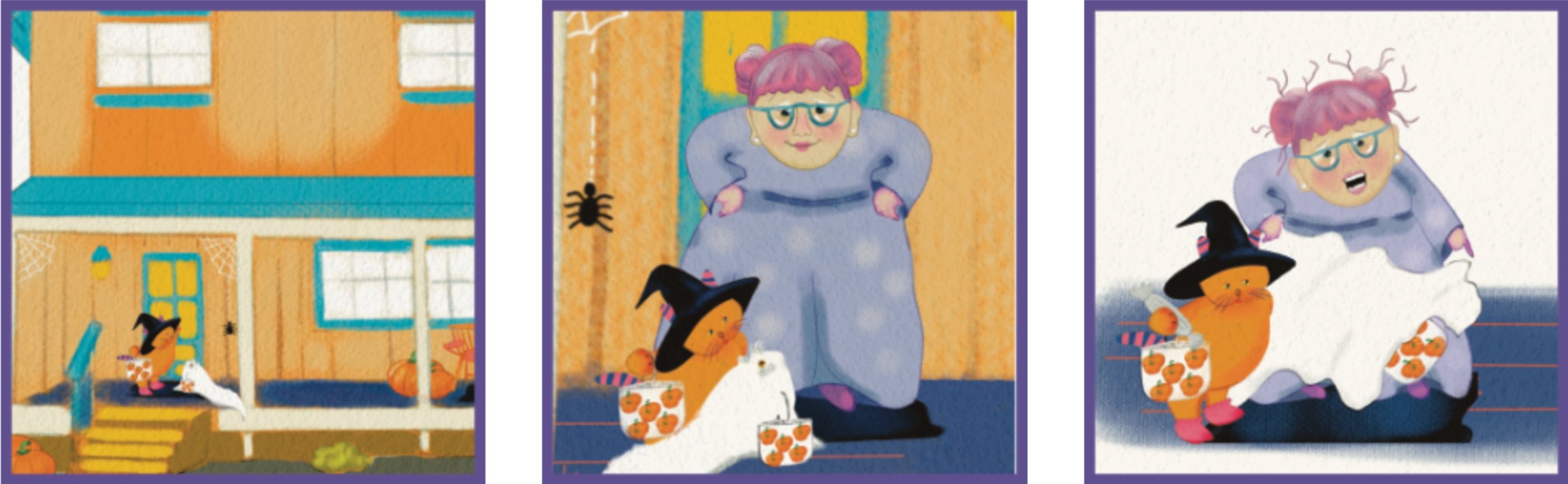 a series of three pictures of a woman in a purple dress