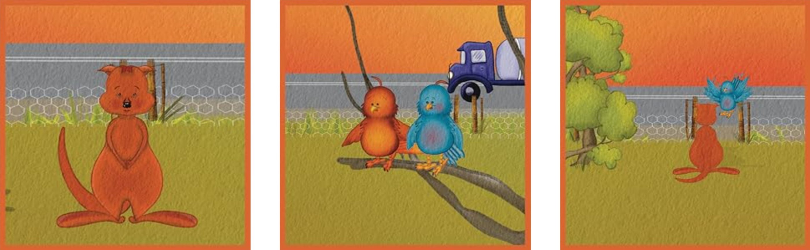 three different illustrations of a kangaroo 2 birds on a branch and a bird flapping its wings