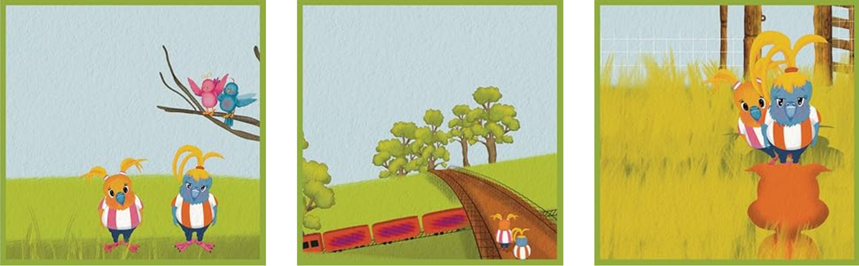 a series of 3 illustration bird train tracks kangaroo