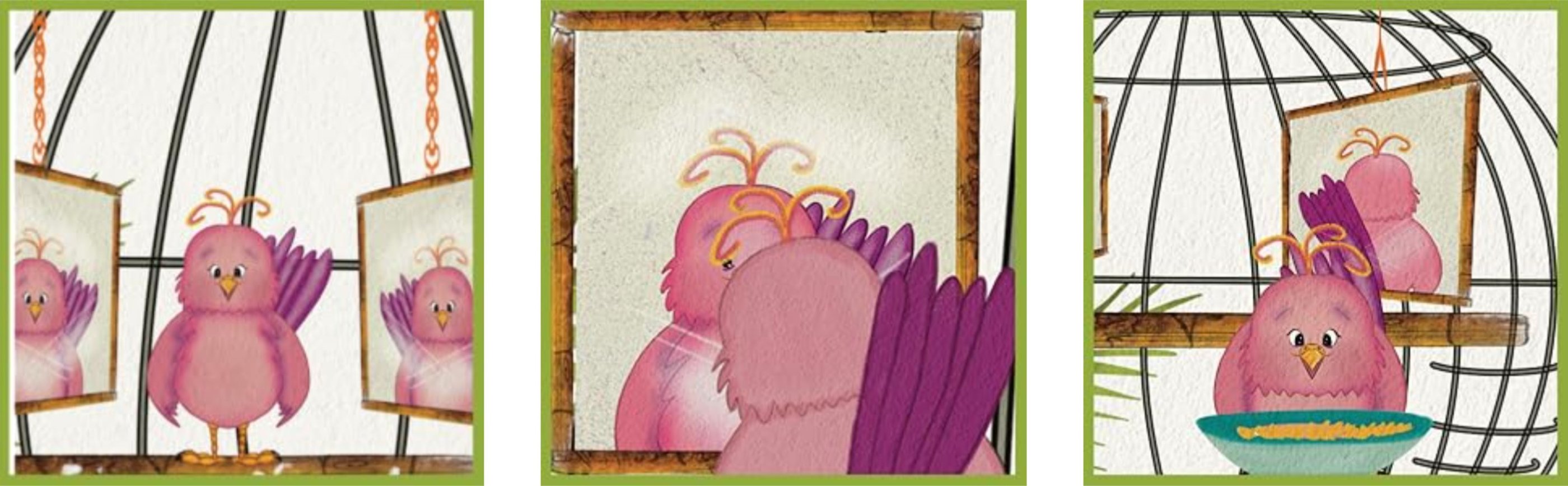 a bird in a cage with a mirror