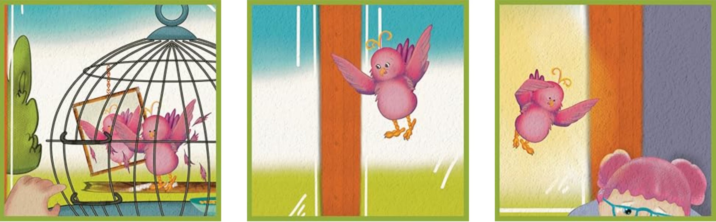 a bird in a cage with a mirror and a bird flying near a window