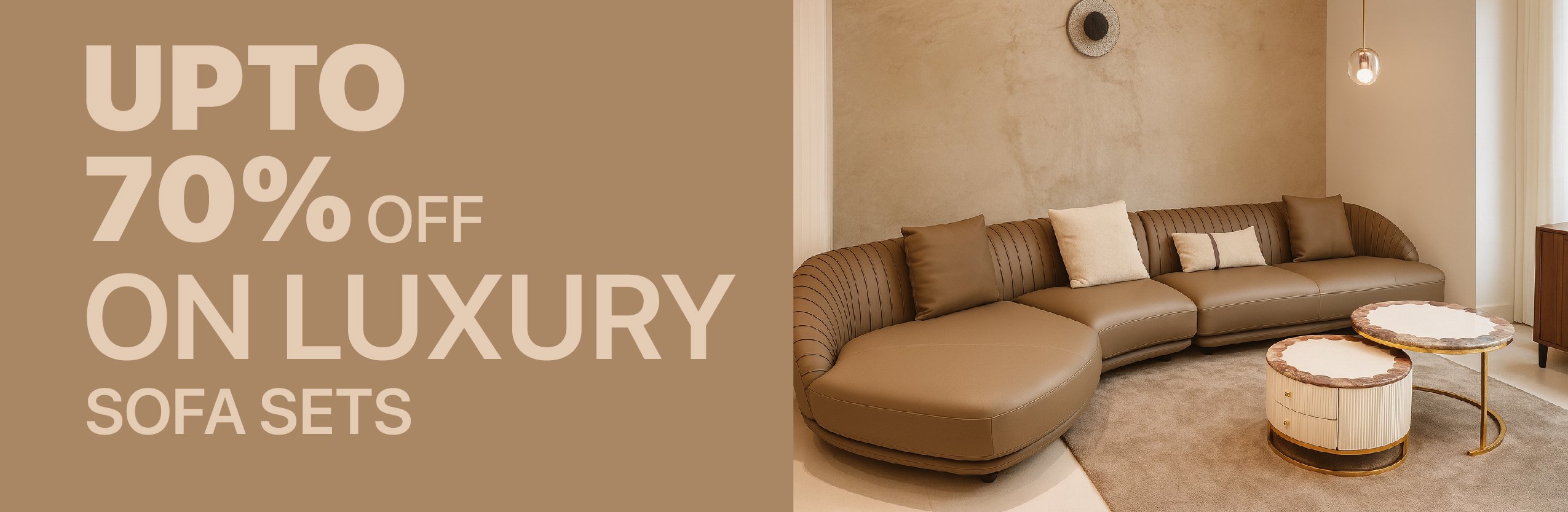 Luxury curved leather sofa set in a modern living room with 70% off sale text.