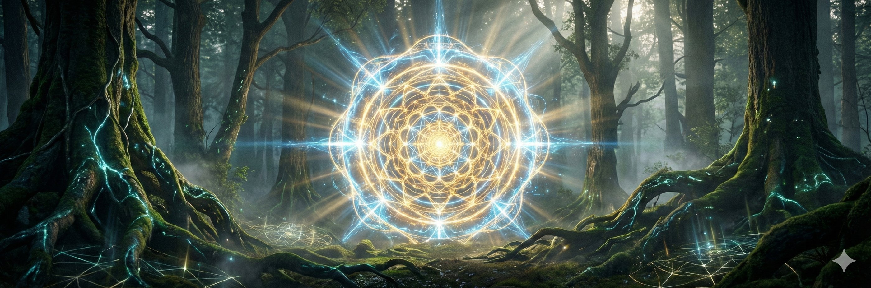 O portal das mandalas se abre no meio da floresta e enche o ambiente de luz.