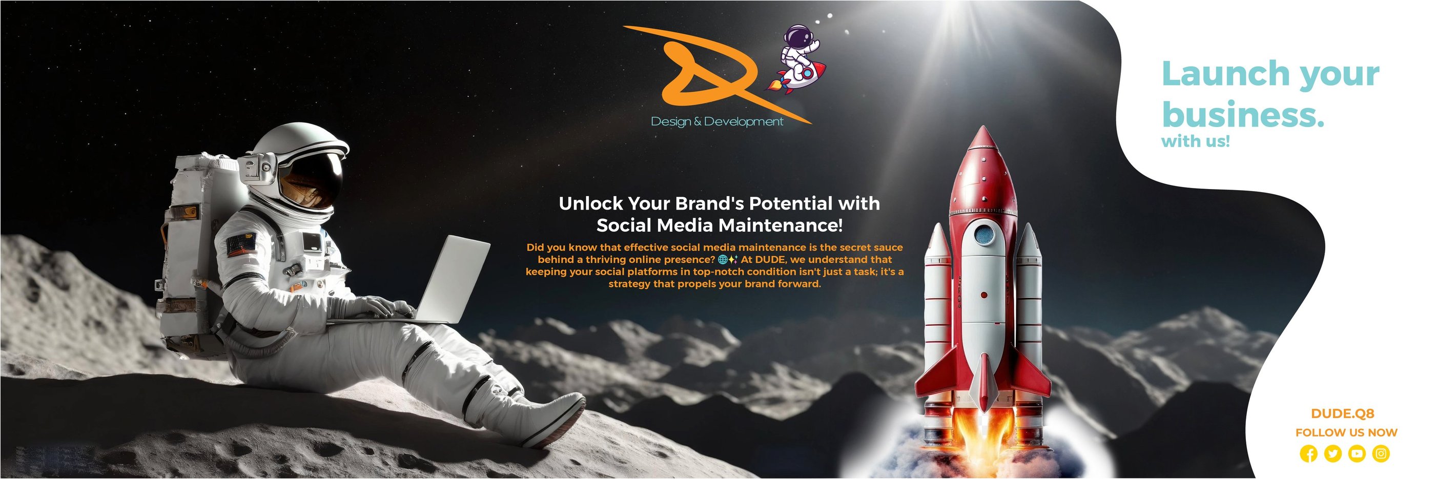 DUDE Kuwait offering social media management, website design, graphic design, and high-quality printing services for business