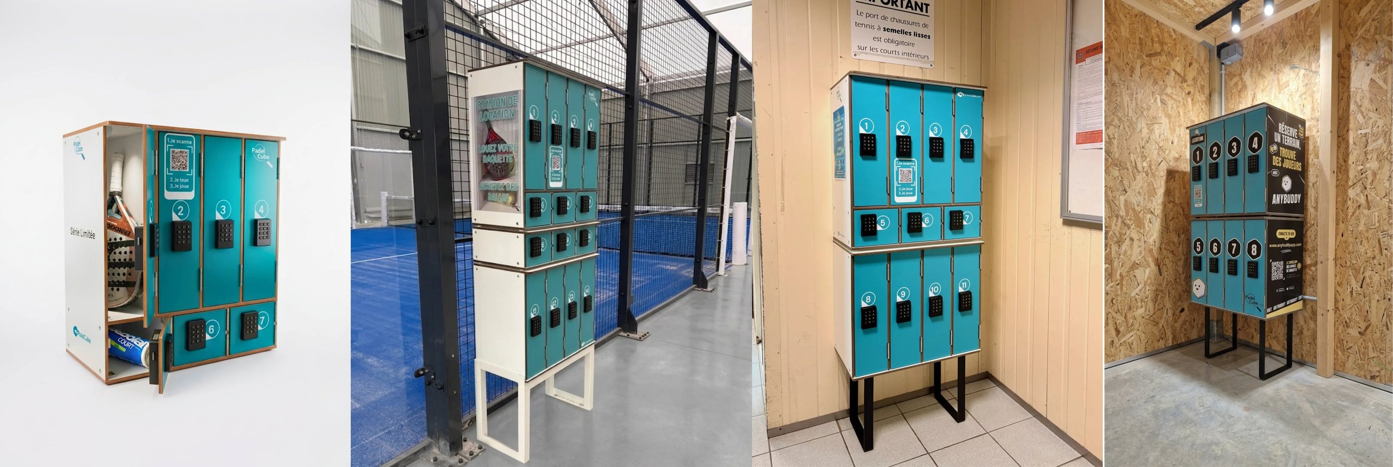 Smart turquoise padel lockers with digital keypads for secure racket rental and equipment storage at sports clubs.