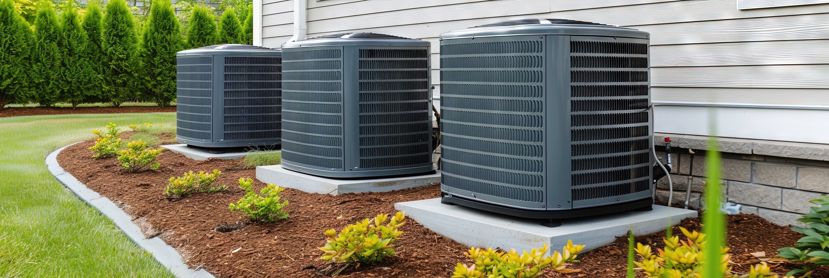 Photo with three Heat Pumps installed with nice and clean outdoor area aside of a property