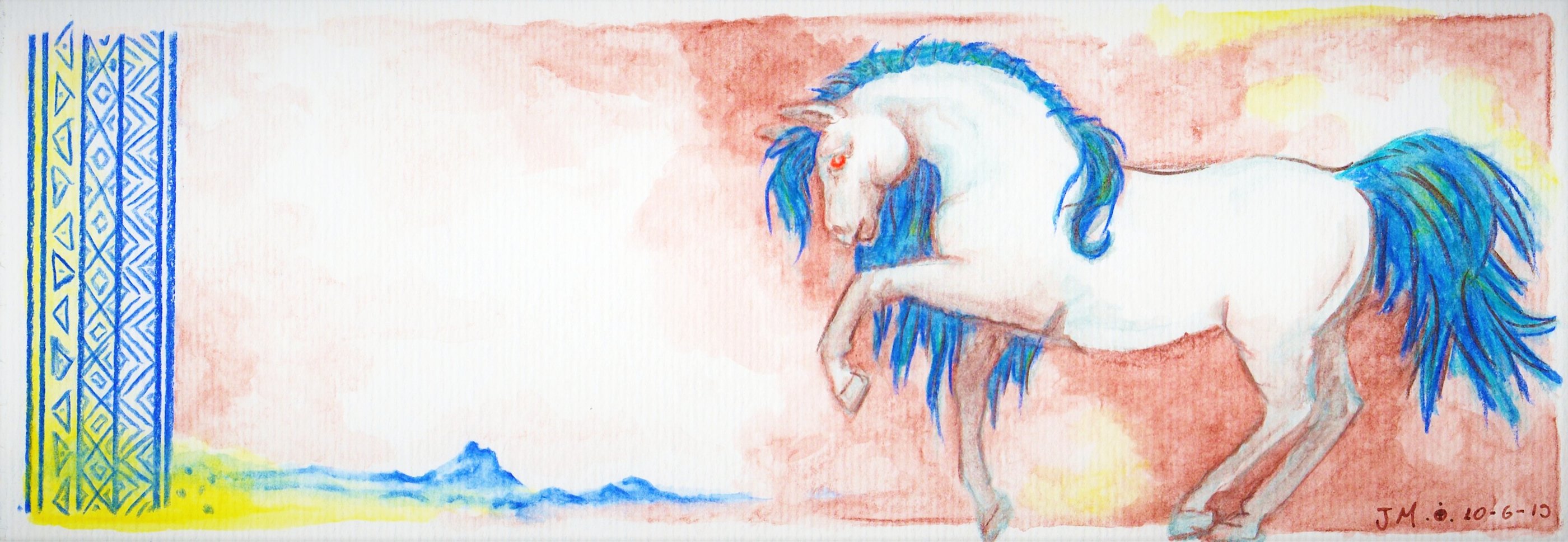 Cavalo branco desfila ao fundo o pico da forquinha, alguns grafismo indigenas compõem esse desenho do Jaum de 2010