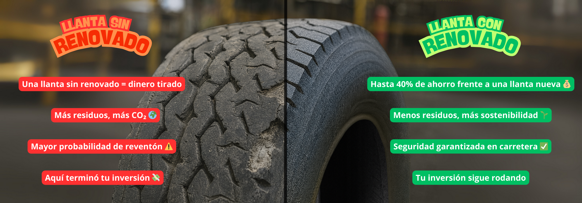 COMPARATIVA VISUAL DE UNA LLANTA CON PROS Y CONTRAS DE NO RENOVAR