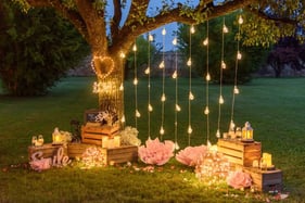 des guirlandes lumineuses suspendues à un arbre avec un coeur lumineux acrroché sur son tronc