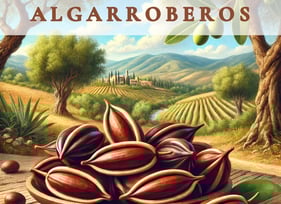 La imagen muestra el Logo de Algarroberos: vainas de algarroba en un fondo mediterráneo
