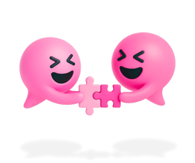 Two Blabit bubbles with closed smiling eyes connecting puzzle pieces together