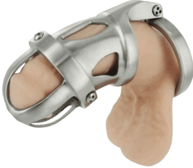 a picture of a steel male chastity cage on a clear background