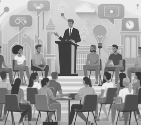 Illustration of a college talk session with students and a speaker in a lecture hall.