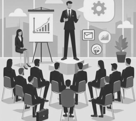 Illustration of a seminar in a corporate office setting.