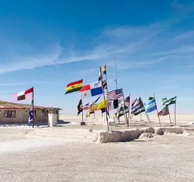 Flags displayed on the Uyuni Salt Flat.