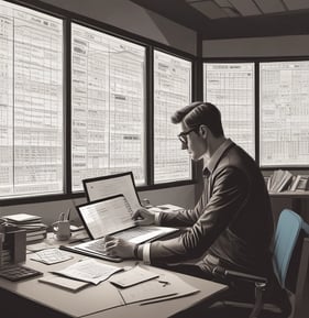 A person is working on a laptop at a table, focusing on a software interface displayed on the screen. The interface appears technical or related to programming and data flow. The setting seems to be a modern indoor office or study area with a window in the background.