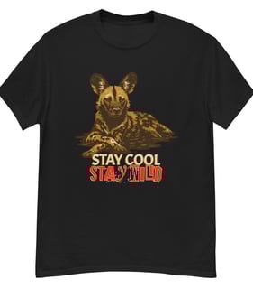 Black shirt with African dog art stay cool stay wild words