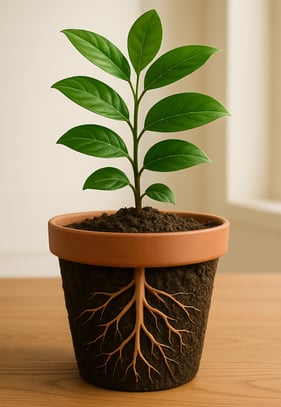 Potted houseplant with green leaves above soil and visible roots below, showing healthy growth.