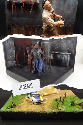Handcrafted dioramas by ART PLAY LAND, inspired by horror, sci-fi, and racing scenes