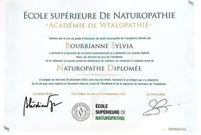 Diplôme de naturopathe de base scientifique de Sylvia Bourrianne, école de naturopathie AVCN