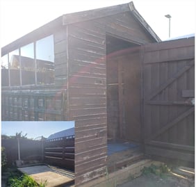 before and after picture of a shed having been taken down using our demoltion service in tolladine