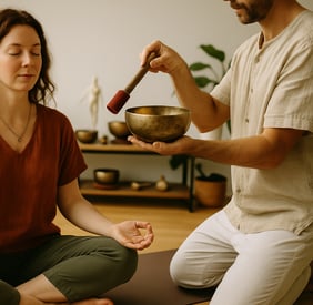 Woman meditating during sound healing with singing bowl