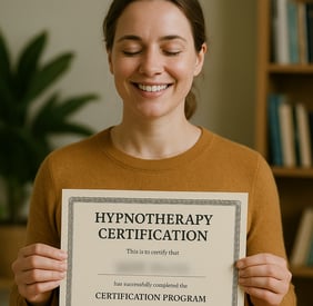 Woman holding hypnotherapy certificate, smiling proudly