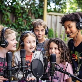 des enfants s'amusent et s'instruisent autour d'un ateliers loisirs découverte radio journaliste