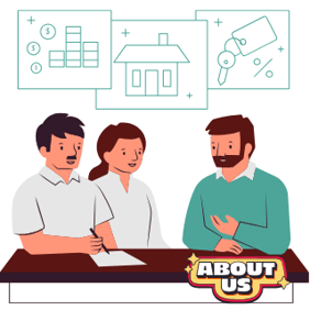 Three people discussing at a table with 'About Us' logo and icons for business, home, and finance