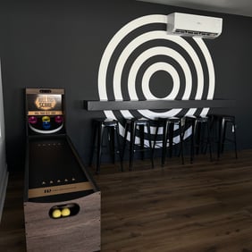 Contemporary game room with a black wall, hand-painted bullseye centerpiece, and a minimalist floating shelf for a bold state