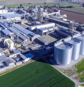 a large industrial plant with a large amount of grain silos