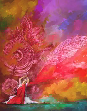 colorful digital painting of Indian woman in traditional dancing pose showing her colorful freedom